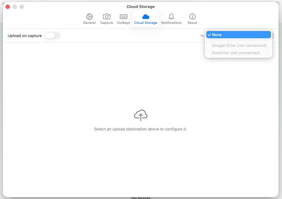 PineShot cloud storage settings showing S3, Google Drive, and OneDrive options
